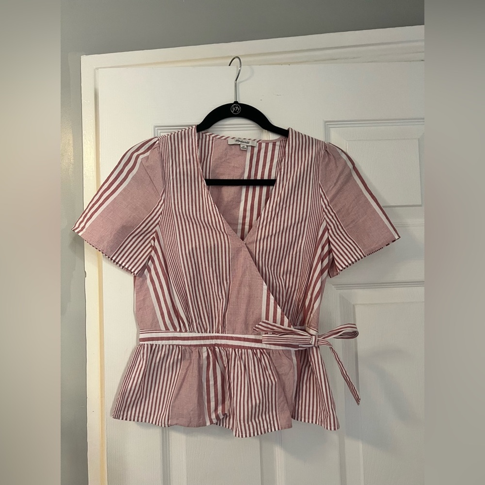 Madewell red and white striped peplum wrap blouse